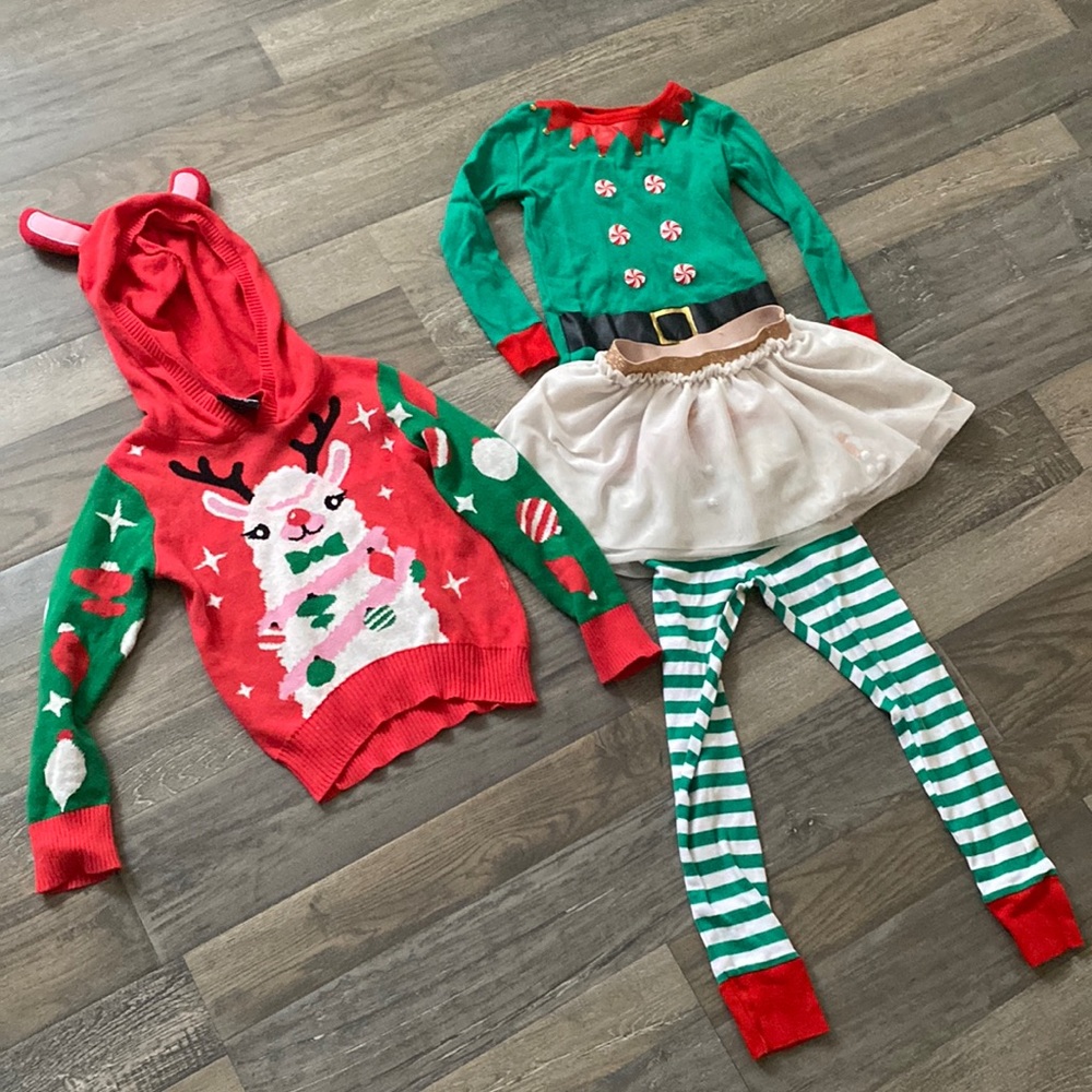 Christmas elf pajama and llama ugly sweater